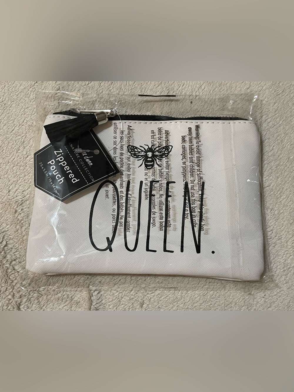 Rae Dunn “ Queen Bee “ Zippered Pouch with Black Tassel . 7.5 x 5.5 inches